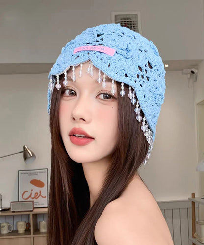 Bohemian Blue Floral Tassel Hollow Out Knit Boonie Hat