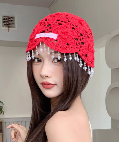 Bohemian Blue Floral Tassel Hollow Out Knit Boonie Hat