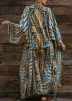 Bohemian Blue Geometric Print Long sleeve kimono robe Mid Summer Cotton