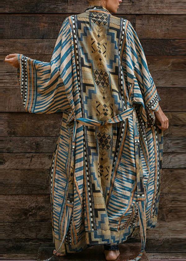 Bohemian Blue Geometric Print Long sleeve kimono robe Mid Summer Cotton