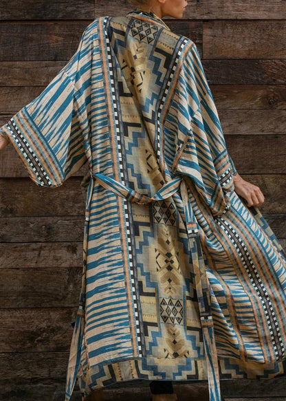 Bohemian Blue Geometric Print Long sleeve kimono robe Mid Summer Cotton