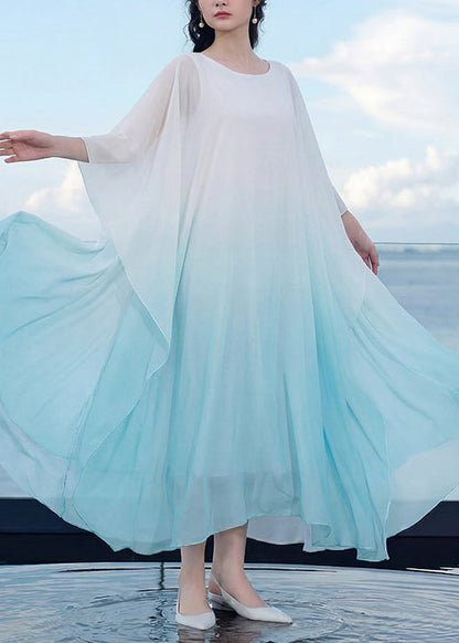 Bohemian Blue Gradient V Neck Patchwork Chiffon Maxi Dress Batwing Sleeve