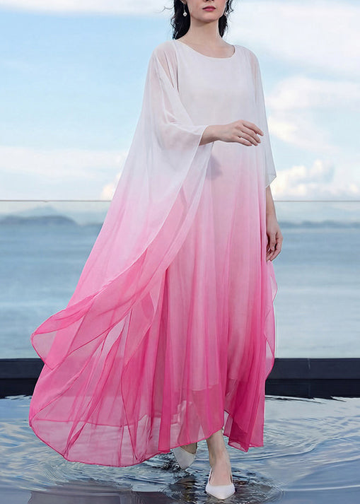Bohemian Blue Gradient V Neck Patchwork Chiffon Maxi Dress Batwing Sleeve