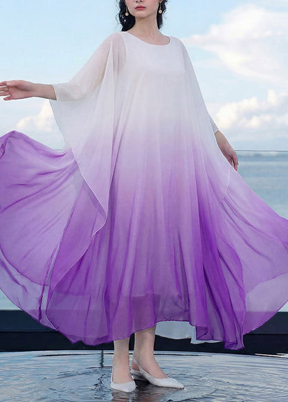 Bohemian Blue Gradient V Neck Patchwork Chiffon Maxi Dress Batwing Sleeve