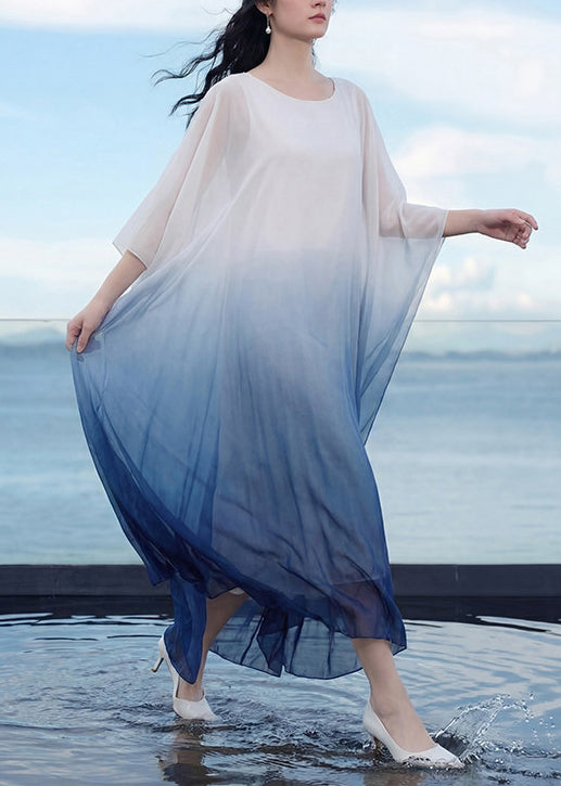 Bohemian Blue Gradient V Neck Patchwork Chiffon Maxi Dress Batwing Sleeve