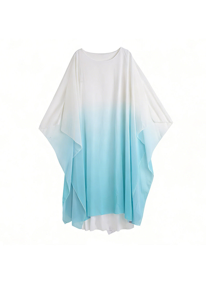 Bohemian Blue Gradient V Neck Patchwork Chiffon Maxi Dress Batwing Sleeve