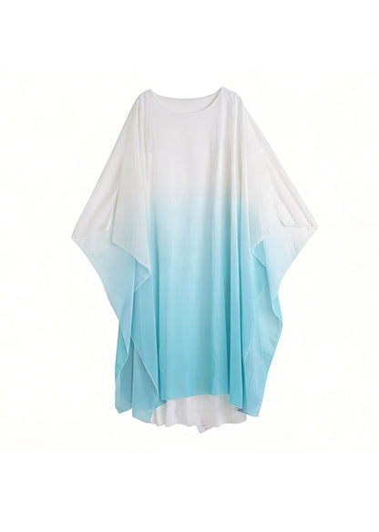 Bohemian Blue Gradient V Neck Patchwork Chiffon Maxi Dress Batwing Sleeve