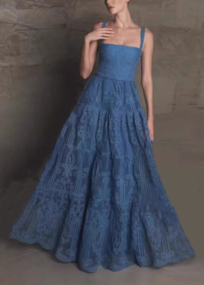 Bohemian Blue Hollow Out Patchwork Lace Maxi Dresses Summer