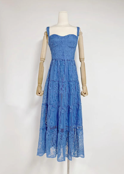 Bohemian Blue Hollow Out Patchwork Lace Maxi Dresses Summer