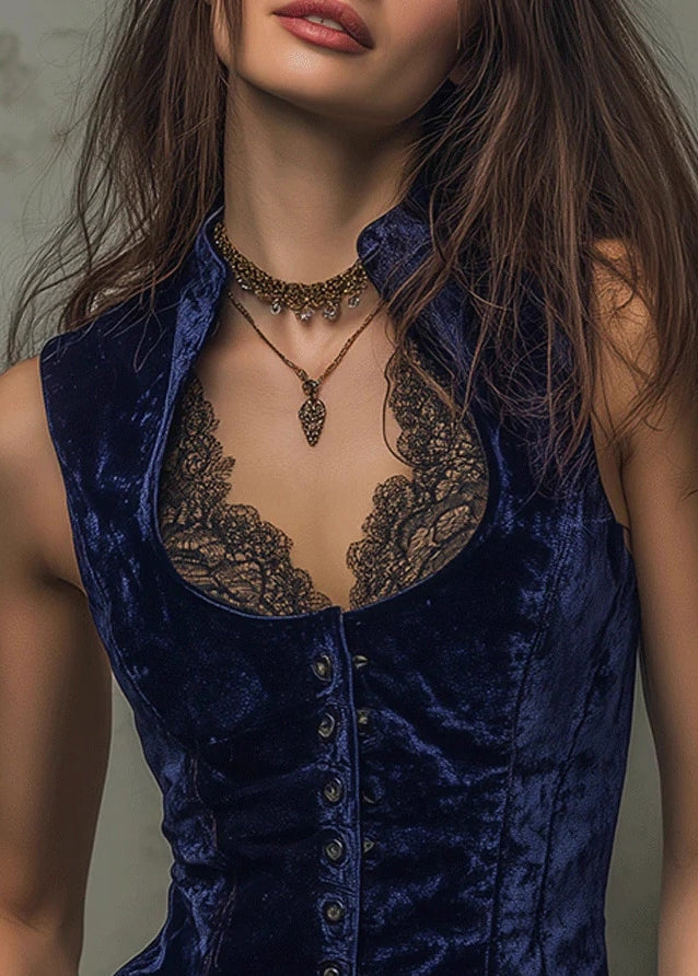 Bohemian Blue Lace Patchwork Velour Vest Sleeveless