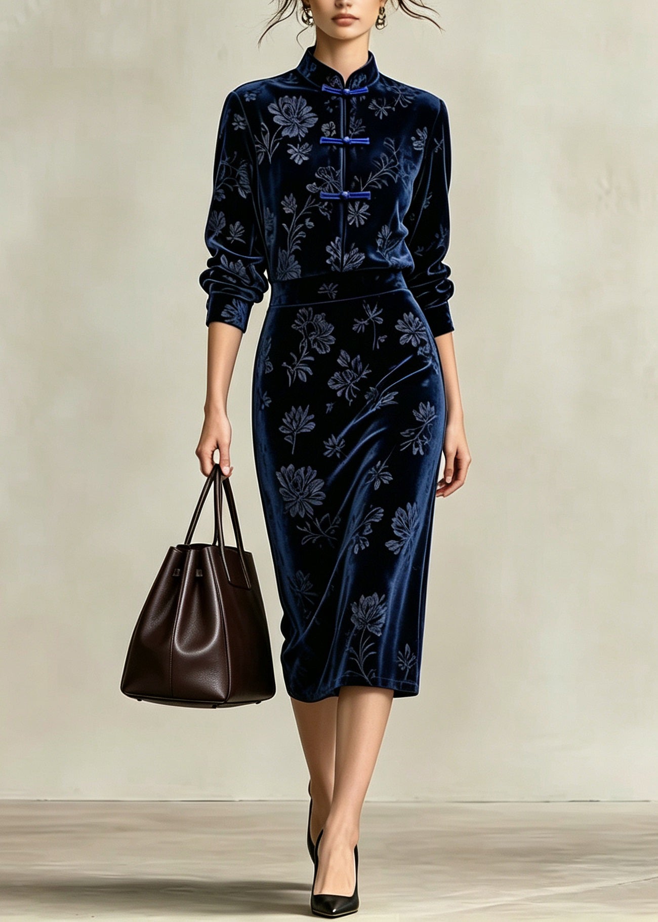Bohemian Blue Mandarin Collar Two Pieces Set Long Sleeve