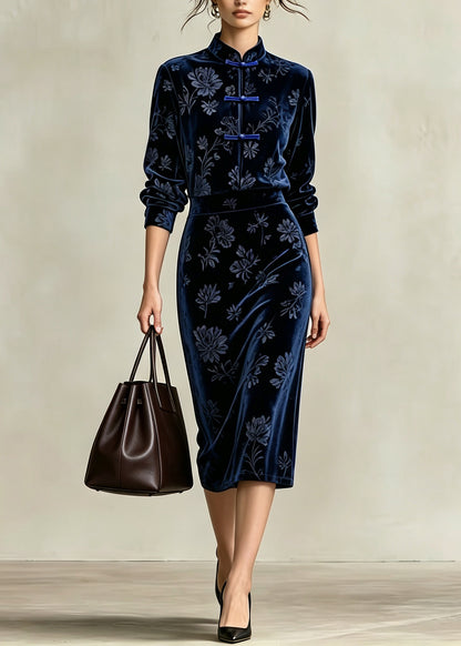 Bohemian Blue Mandarin Collar Two Pieces Set Long Sleeve