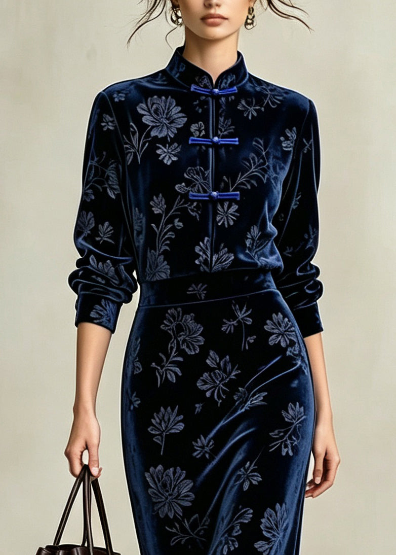 Bohemian Blue Mandarin Collar Two Pieces Set Long Sleeve