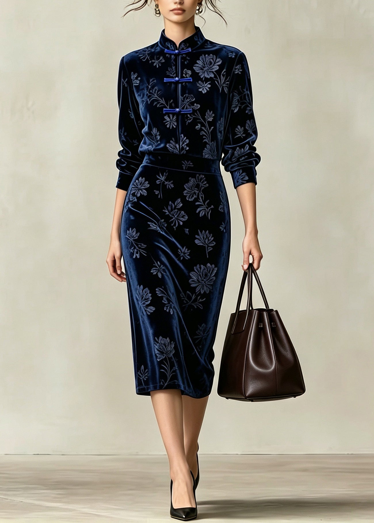 Bohemian Blue Mandarin Collar Two Pieces Set Long Sleeve