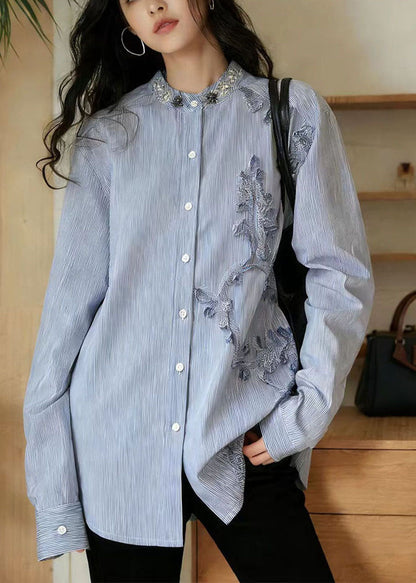 Bohemian Blue Nail Bead Striped Button Shirts Fall
