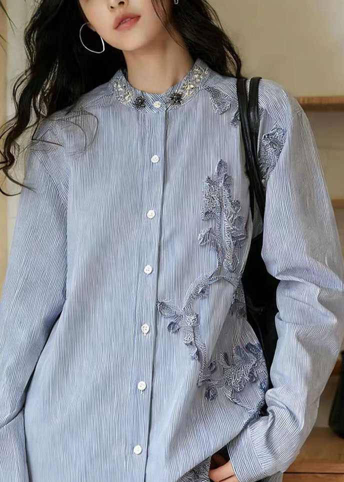 Bohemian Blue Nail Bead Striped Button Shirts Fall