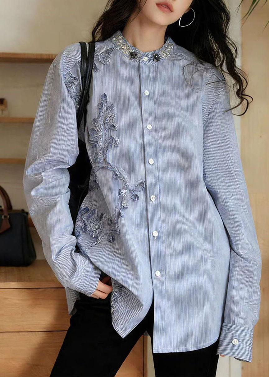 Bohemian Blue Nail Bead Striped Button Shirts Fall