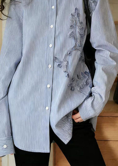 Bohemian Blue Nail Bead Striped Button Shirts Fall