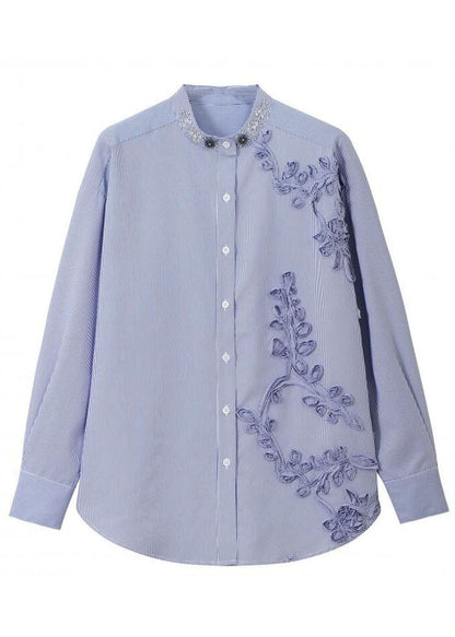 Bohemian Blue Nail Bead Striped Button Shirts Fall