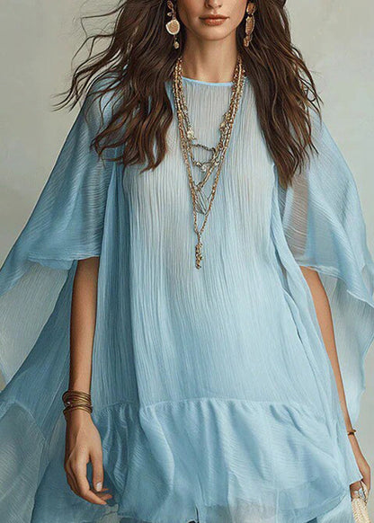Bohemian Blue O-Neck Asymmetrical Solid Long Dresses Half Sleeve