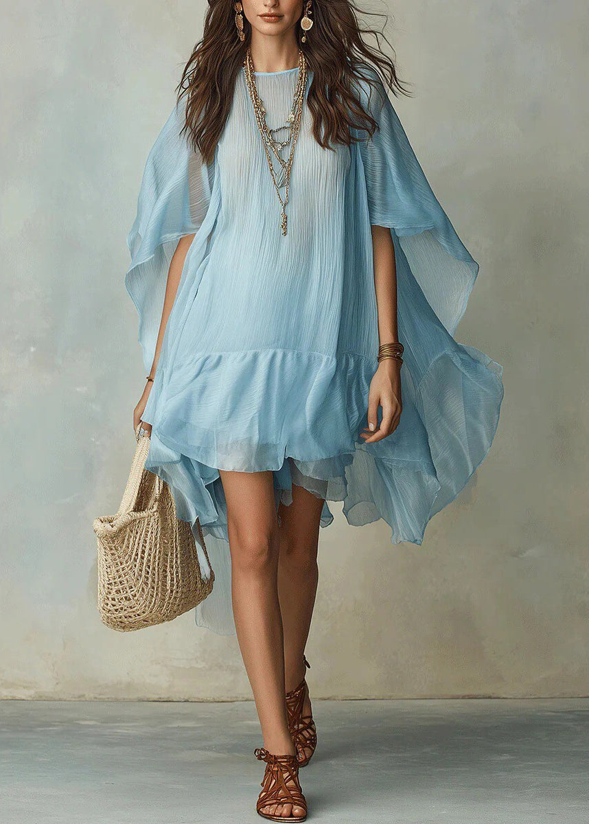 Bohemian Blue O-Neck Asymmetrical Solid Long Dresses Half Sleeve