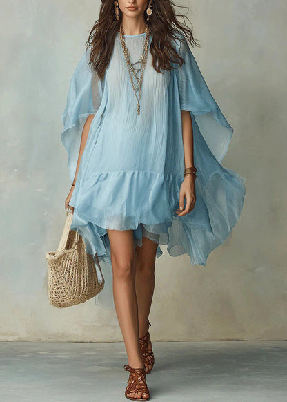 Bohemian Blue O-Neck Asymmetrical Solid Long Dresses Half Sleeve
