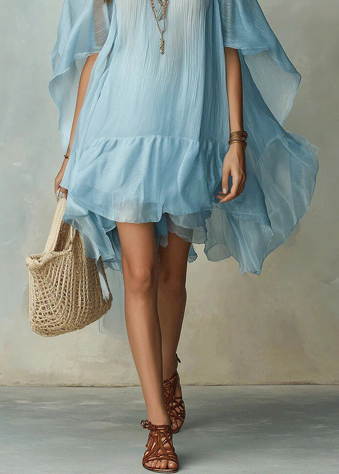 Bohemian Blue O-Neck Asymmetrical Solid Long Dresses Half Sleeve