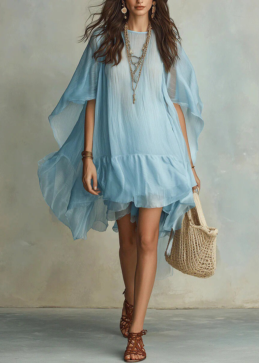 Bohemian Blue O-Neck Asymmetrical Solid Long Dresses Half Sleeve