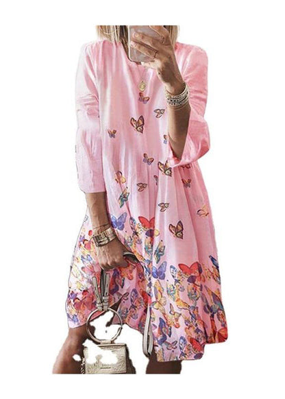 Bohemian Blue O Neck Butterfly Print Cotton Mid Dress Summer