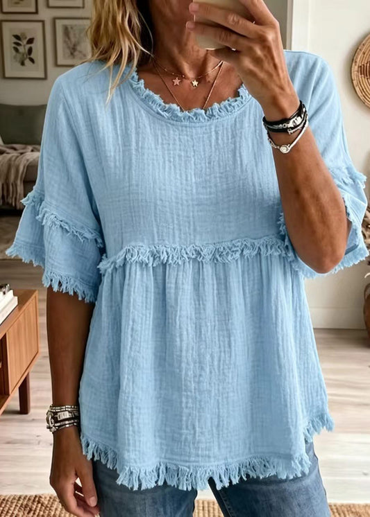 Bohemian Blue O-Neck Cotton Shirt Tops Half sleeve