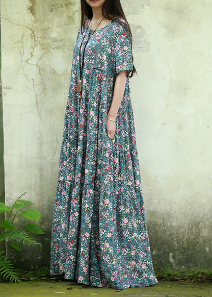 Bohemian Blue O Neck Print Patchwork Cotton Maxi Dress Summer
