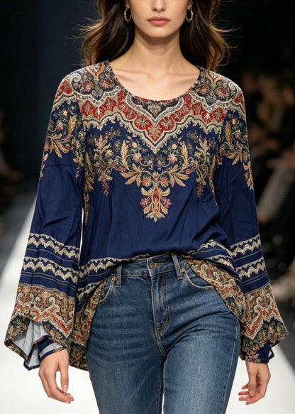 Bohemian Blue O-Neck Print T Shirts Flare Sleeve
