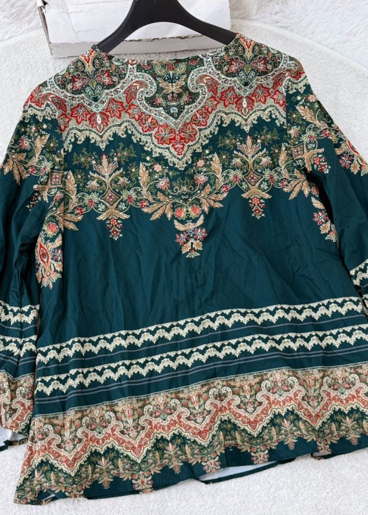 Bohemian Blue O-Neck Print T Shirts Flare Sleeve