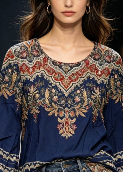 Bohemian Blue O-Neck Print T Shirts Flare Sleeve