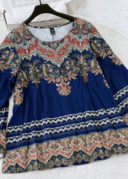 Bohemian Blue O-Neck Print T Shirts Flare Sleeve
