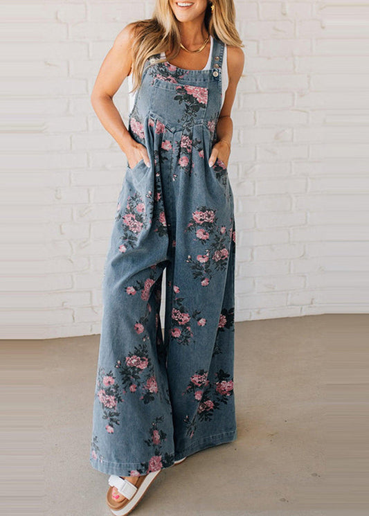 Bohemian Blue Oversized Print Denim Jumpsuits Spring
