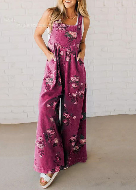 Bohemian Blue Oversized Print Denim Jumpsuits Spring