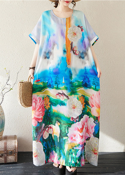 Bohemian Blue Oversized Tie Dye Cotton Maxi Dresses Summer