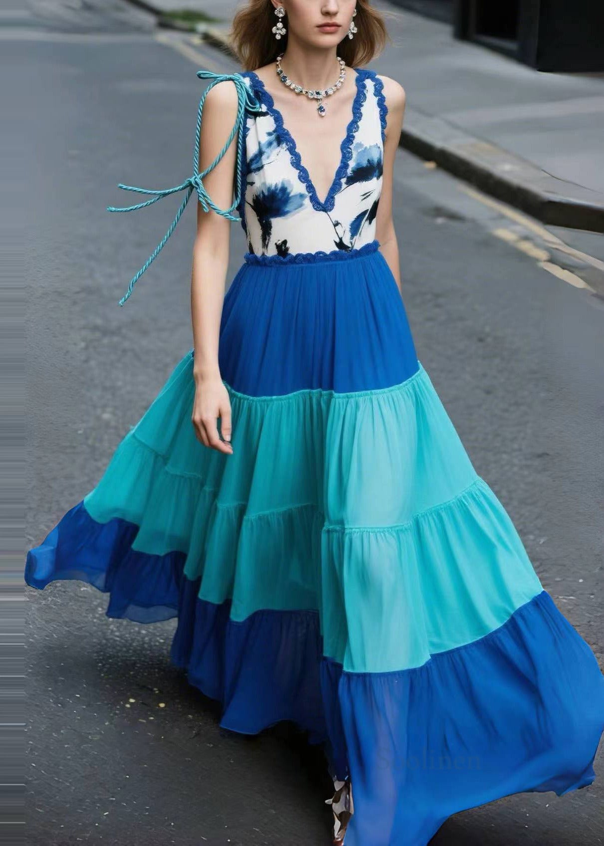 Bohemian Blue Patchwork Print Chiffon Beach Dress Summer