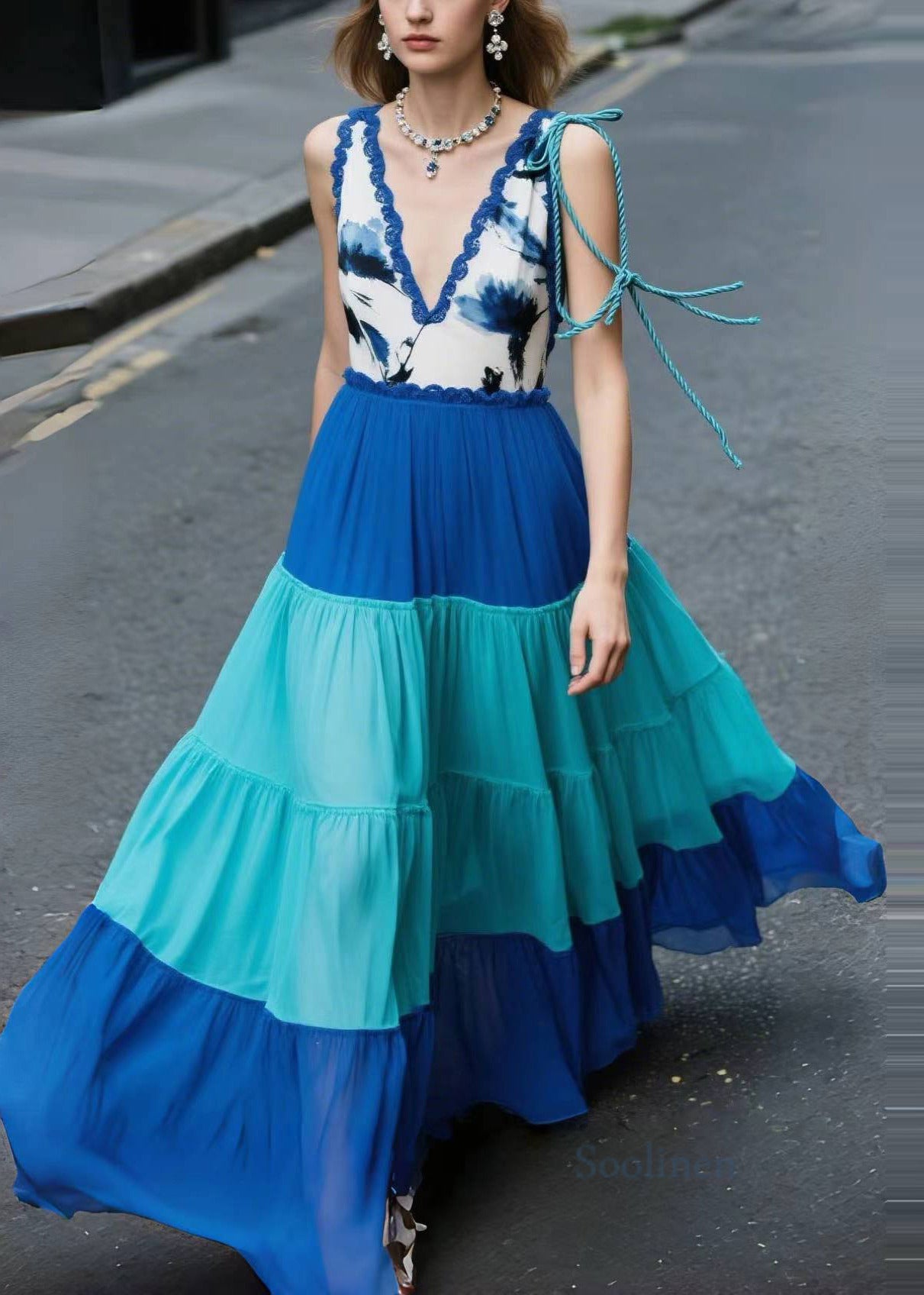 Bohemian Blue Patchwork Print Chiffon Beach Dress Summer