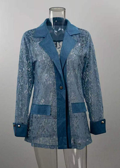 Bohemian Blue Peter Pan Collar Lace Patchwork Denim Coats Summer
