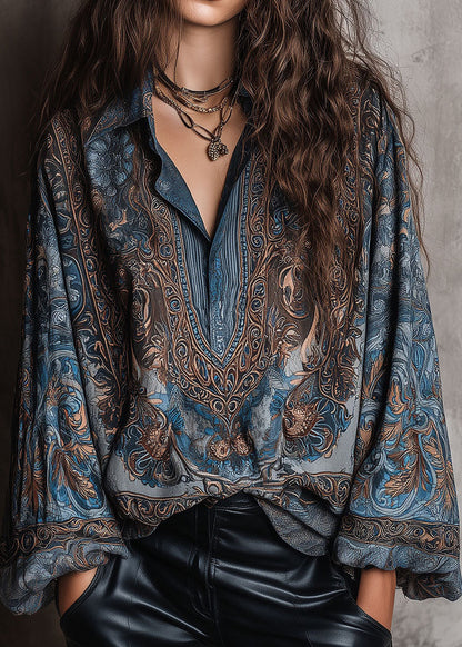 Bohemian Blue Peter Pan Collar Print Cotton Shirt Top Fall