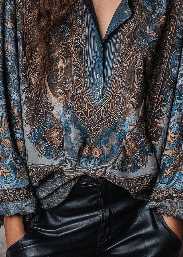 Bohemian Blue Peter Pan Collar Print Cotton Shirt Top Fall