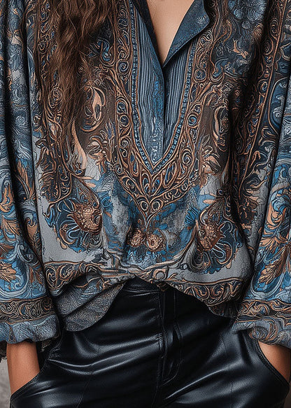 Bohemian Blue Peter Pan Collar Print Cotton Shirt Top Fall