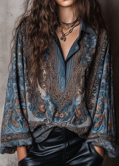 Bohemian Blue Peter Pan Collar Print Cotton Shirt Top Fall