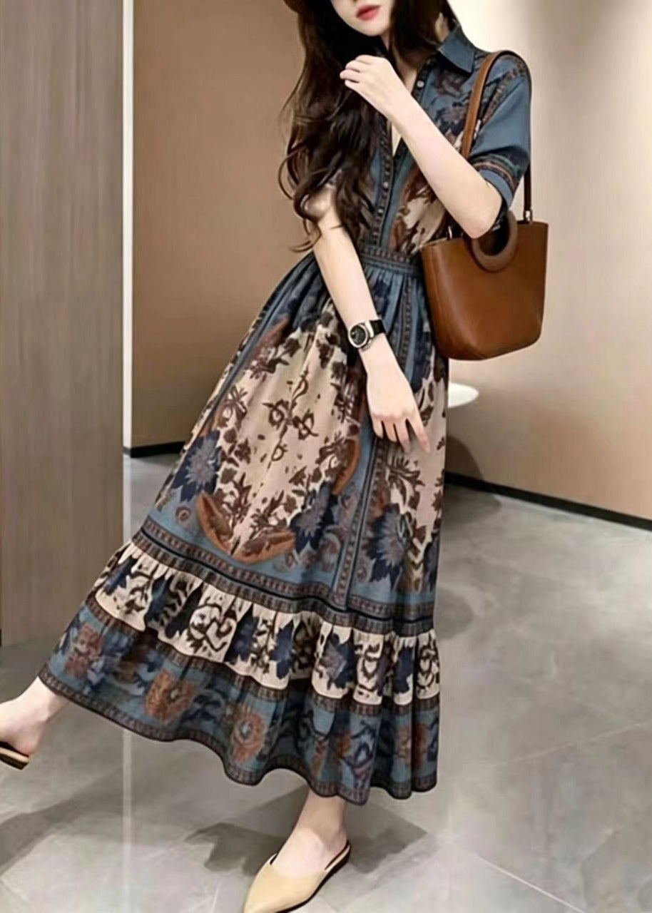 Bohemian Blue Peter Pan Collar Print Maxi Dresses Short Sleeve