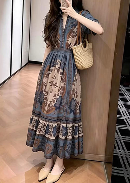 Bohemian Blue Peter Pan Collar Print Maxi Dresses Short Sleeve