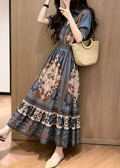 Bohemian Blue Peter Pan Collar Print Maxi Dresses Short Sleeve