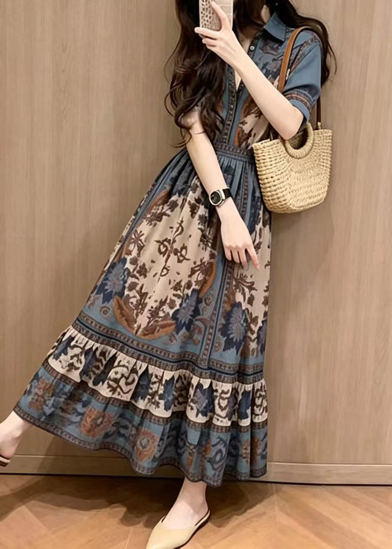 Bohemian Blue Peter Pan Collar Print Maxi Dresses Short Sleeve