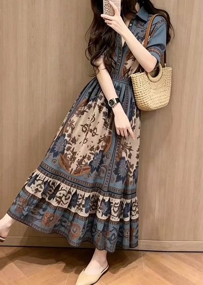 Bohemian Blue Peter Pan Collar Print Maxi Dresses Short Sleeve